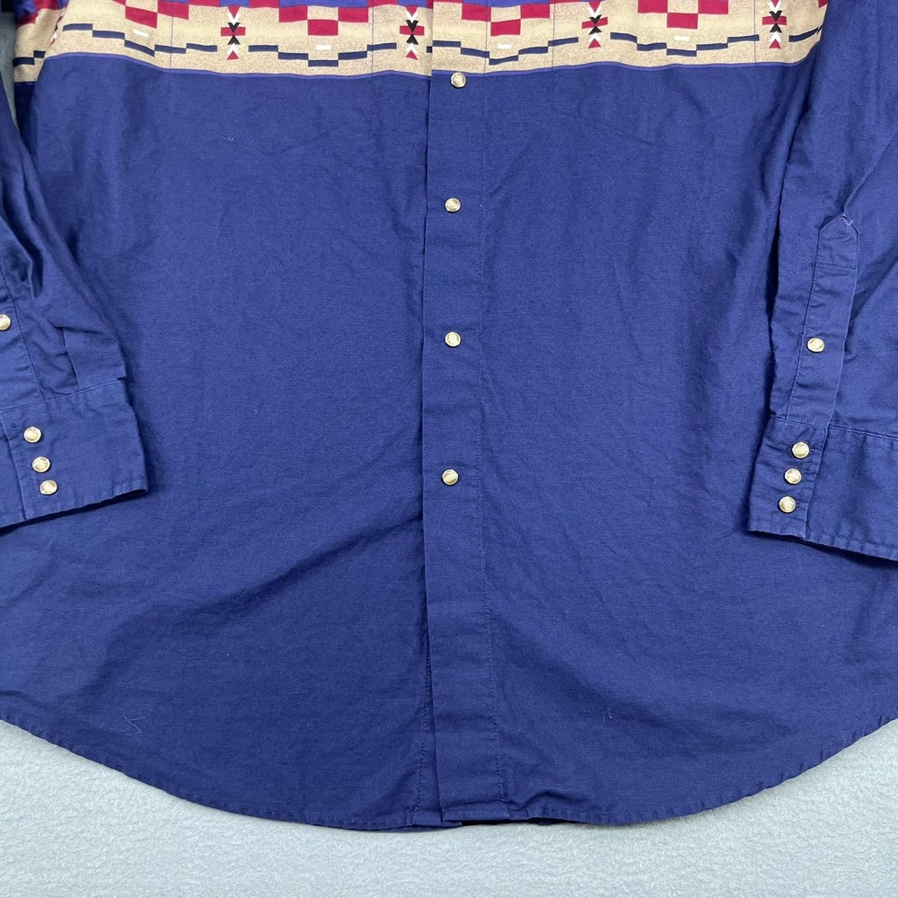 Express Rider Mens XL Navy Blue Southwestern Aztec Print Western Snap Shirt 90s - Picture 3 of 11